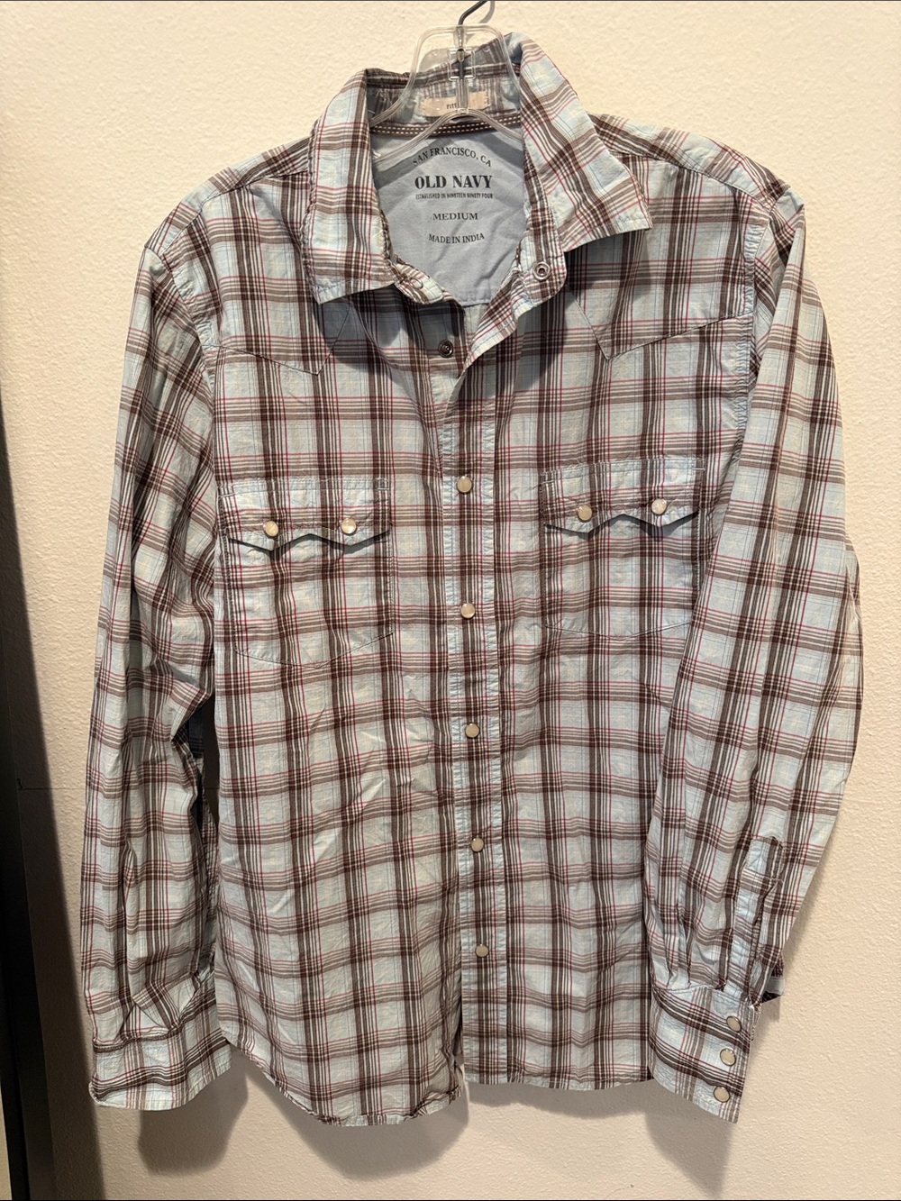 Old Navy Ladies Western Style Pale Blue and Brown Plaid Button-Down Shirt
